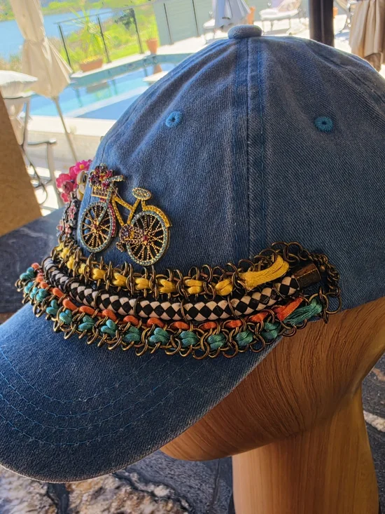 Hand Crafted Blue Denim Baseball Cap with Gold Bicycle & Pink Floral Accents - Picture 3 of 6